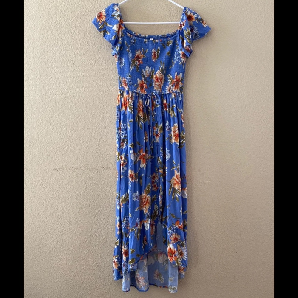 Blue floral dress, midi hi-low